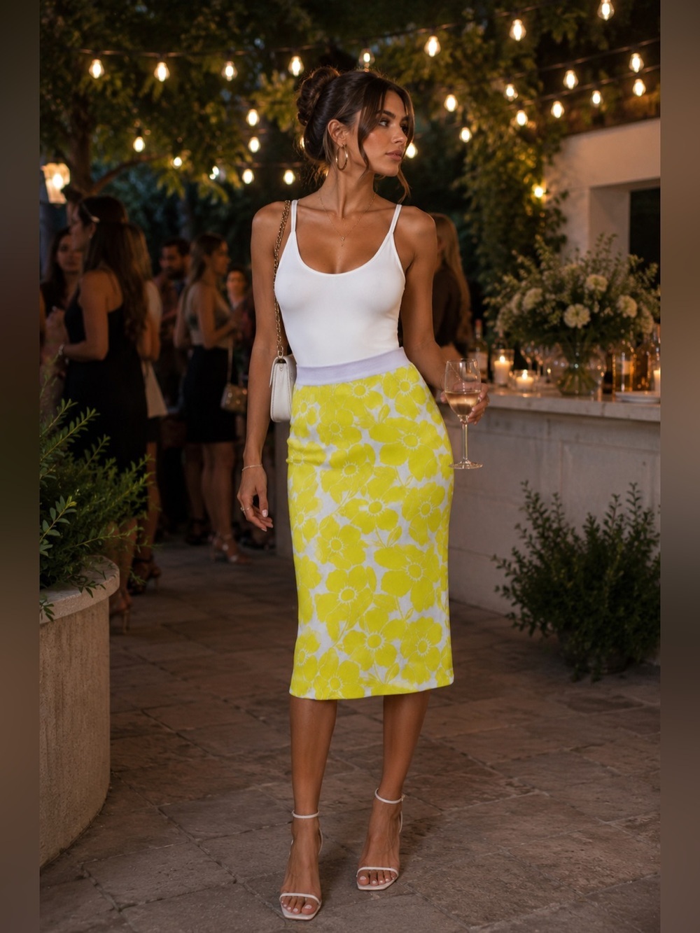 Essentiel Antwerp Floral Knit Midi Pencil Skirt | Yellow & White | Size Medium